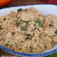 A white bowl with blue trim filled with a serving of Tuscan chicken orzo.