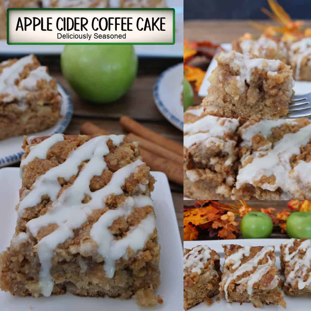 A three panel image collage of apple cider coffee cake with maple icing, and a title overlay at the top.