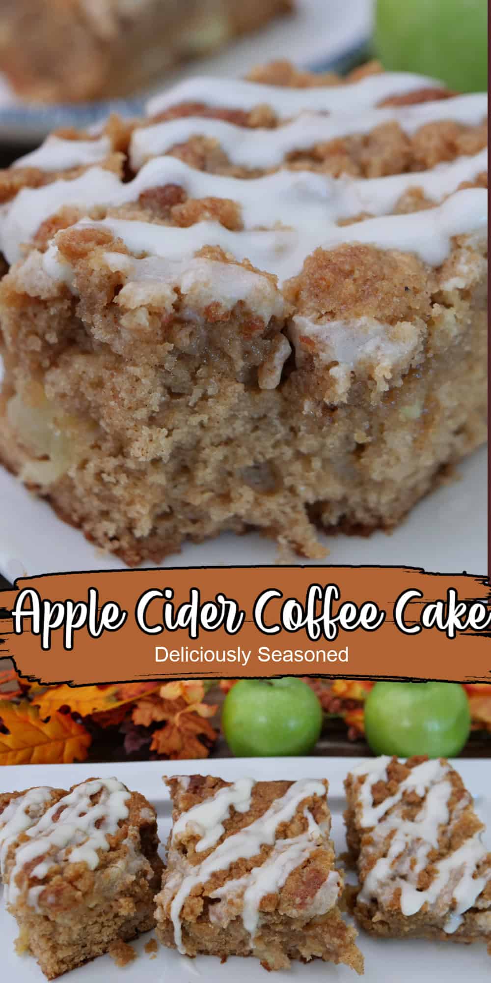 A two panel image collage of apple cider coffee cake with a title overlay in the center.