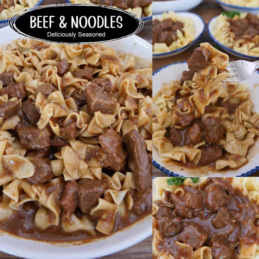 A three panel image collage of beef and noodles with a title overlay at the top.