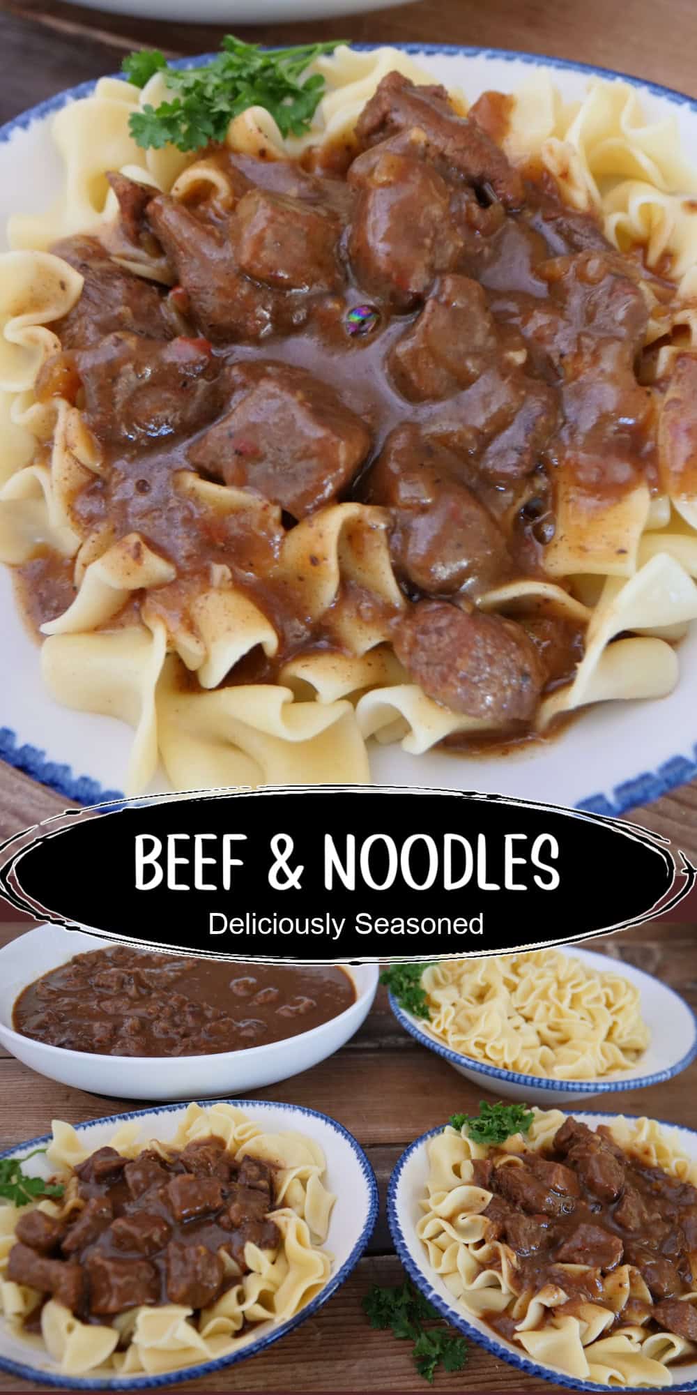 A two panel image collage of beef and noodles with a title overlay in the center.