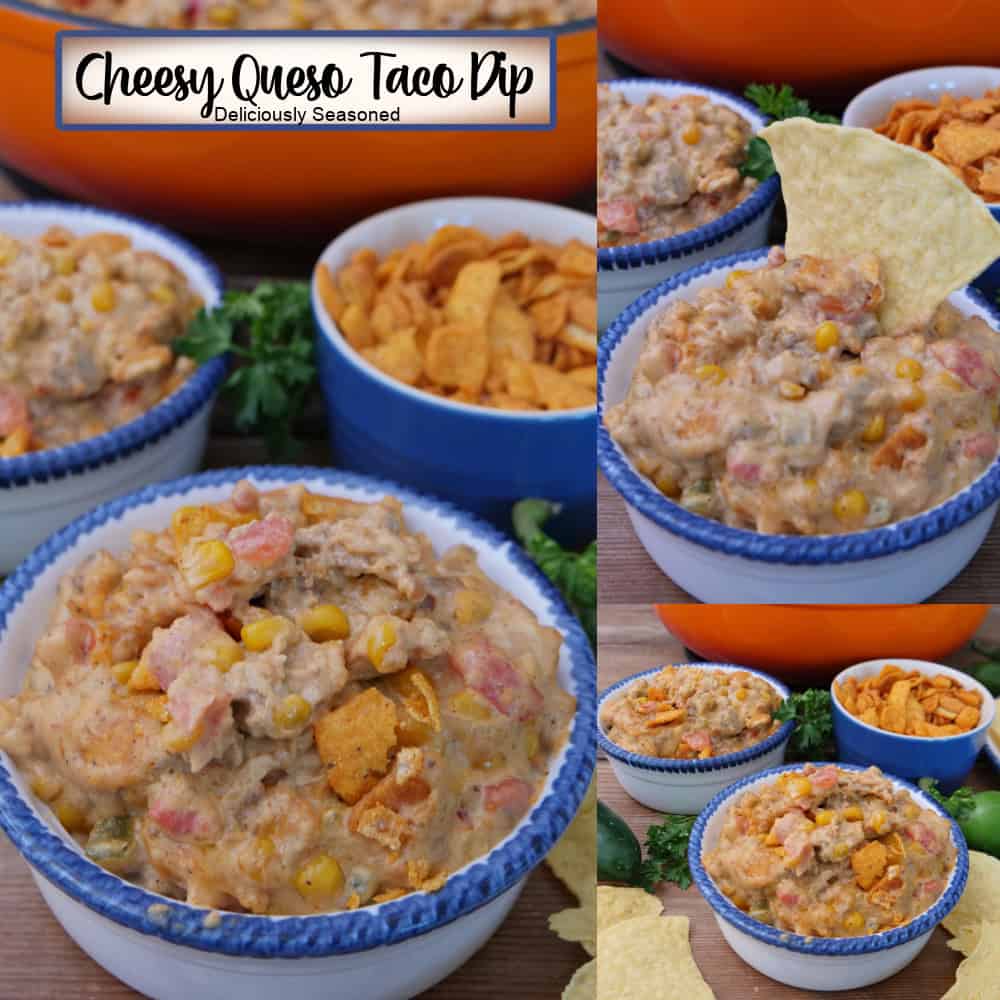 A three panel image collage of cheesy queso taco dip in white bowls with blue trim, and a title overlay at the top.