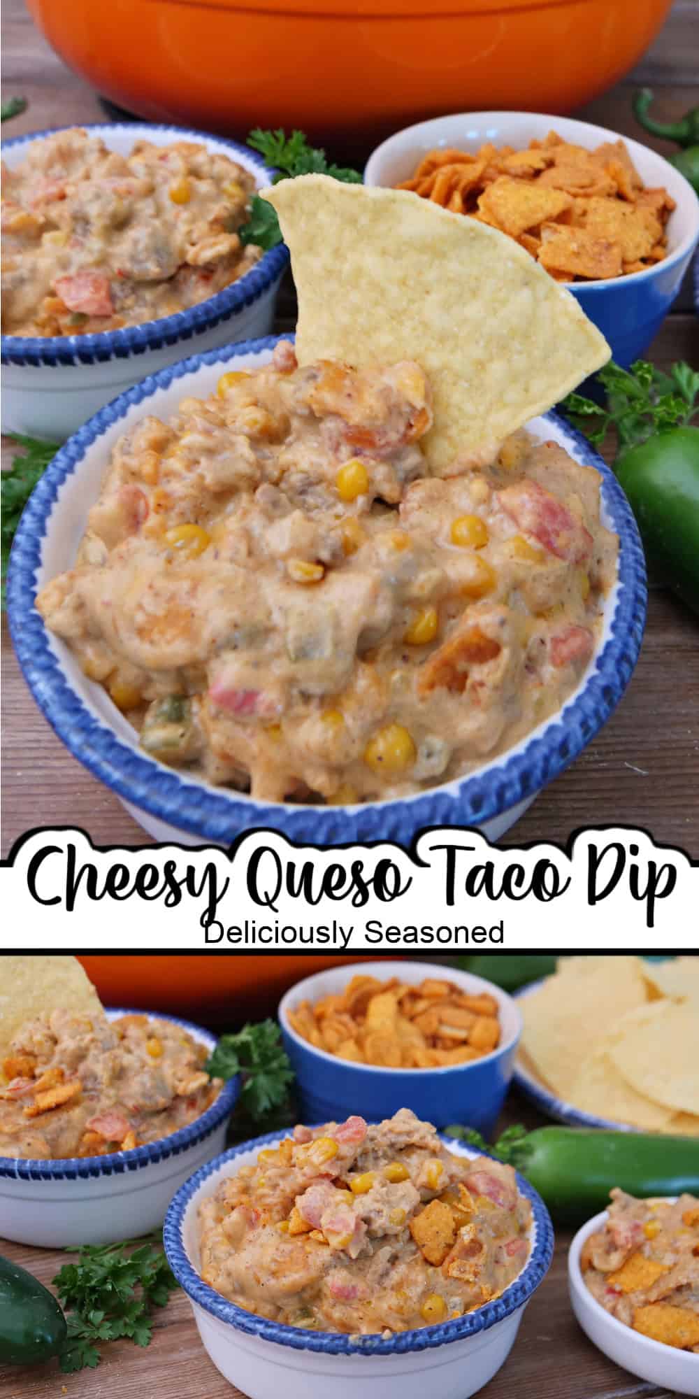 A two panel image collage of cheesy queso taco dip with a title overlay in the center.