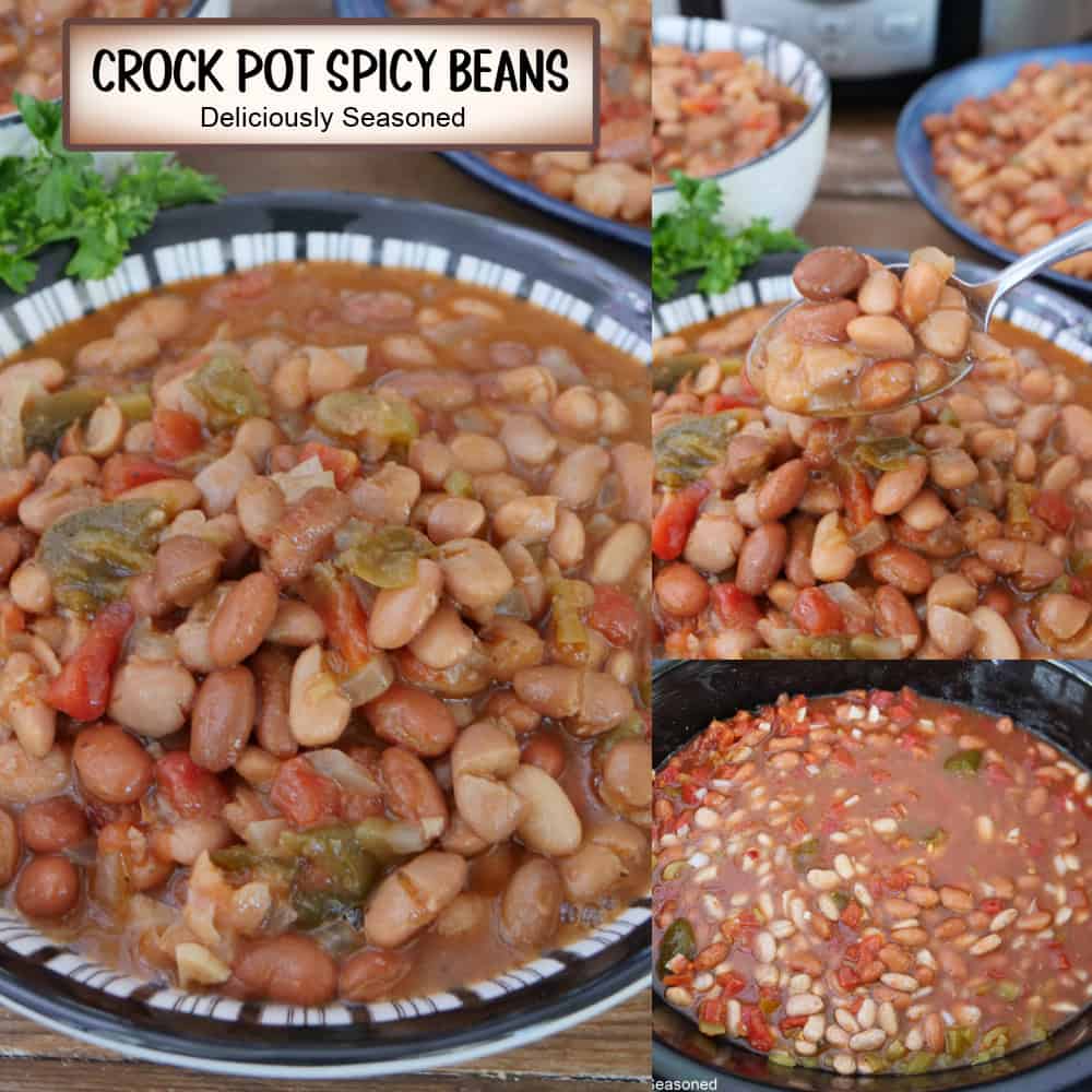 A three panel image collage of crock pot spicy beans in a black and white bowl with a title overlay at the top.