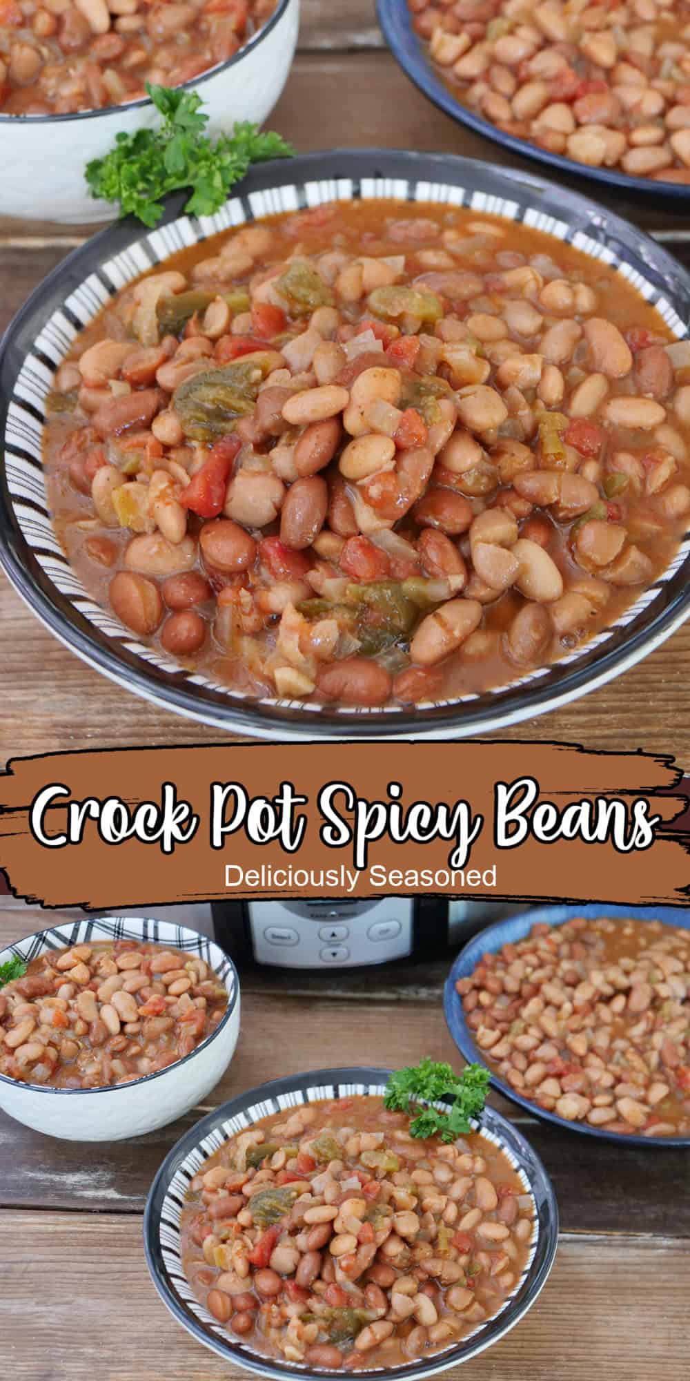 A two panel image collage of crock pot spicy beans in bowls, and a title overlay at the top.