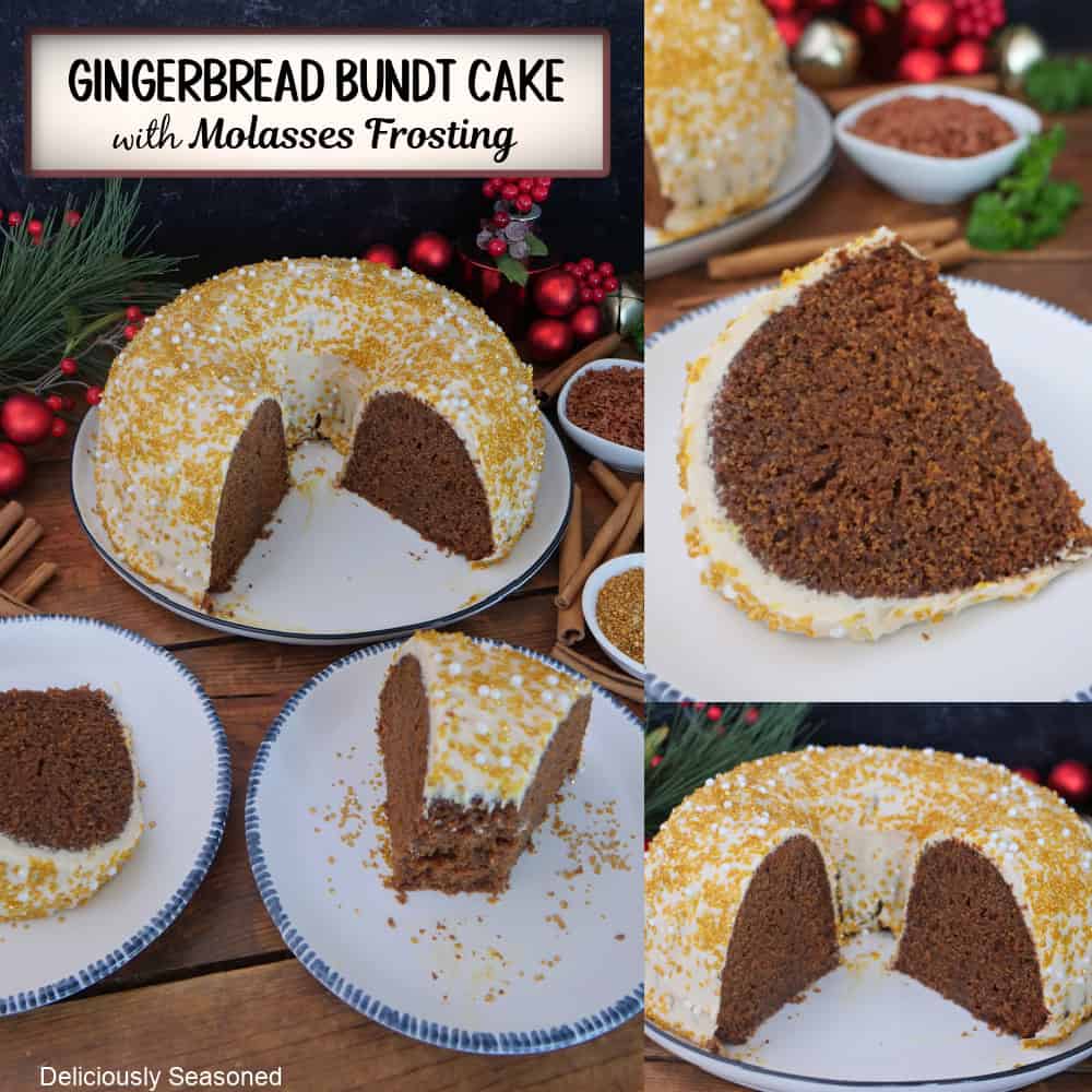 A three panel image collage of a gingerbread cake with molasses frosting, and a title overlay at the top.