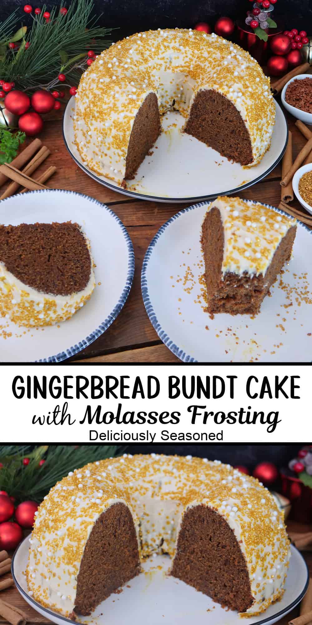 A two panel image collage of a gingerbread bundt cake topped with molasses frosting, and a title overlay in the center of the two images.