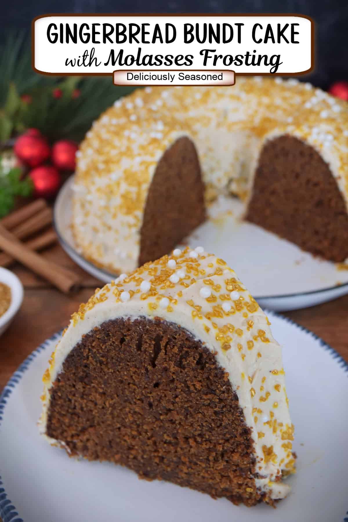 A slice of gingerbread bundt cake with molasses frosting on a white plate with blue trim, and the whole cake in the background, and a title overlay at the top.