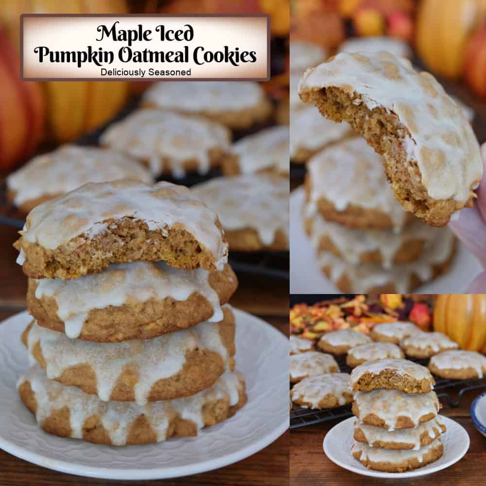 A three panel image collage of maple iced pumpkin oatmeal cookies, and a title overlay at the top.