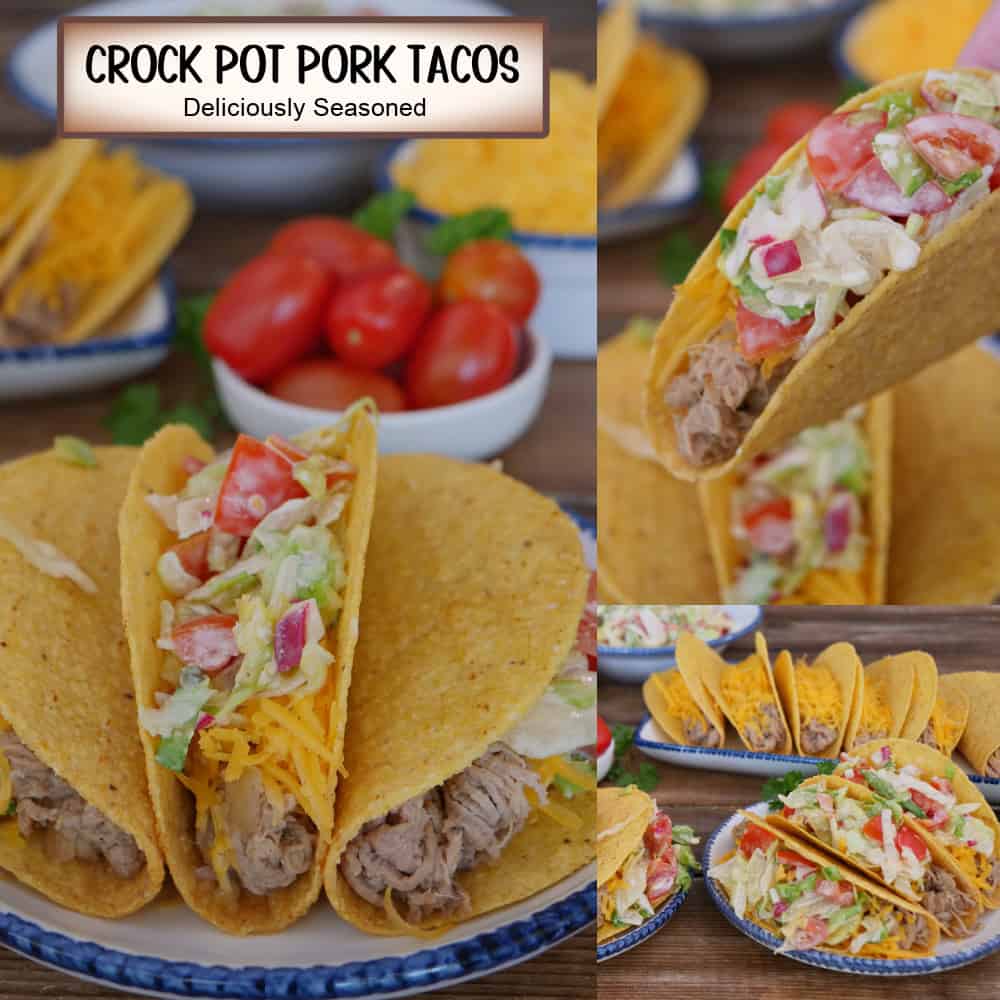 A three panel image collage of pork tacos and a title overlay at the top.
