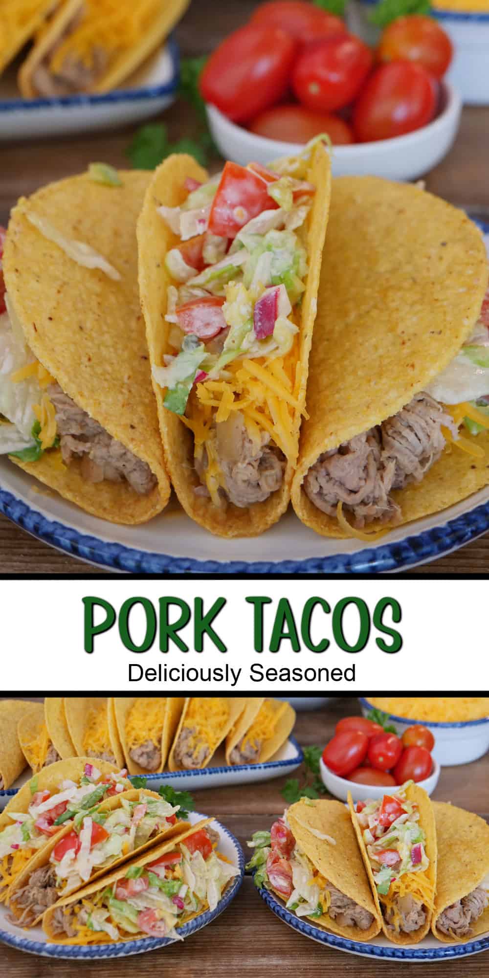 A two panel image collage of pork tacos with a title overlay in the center between the two photos.