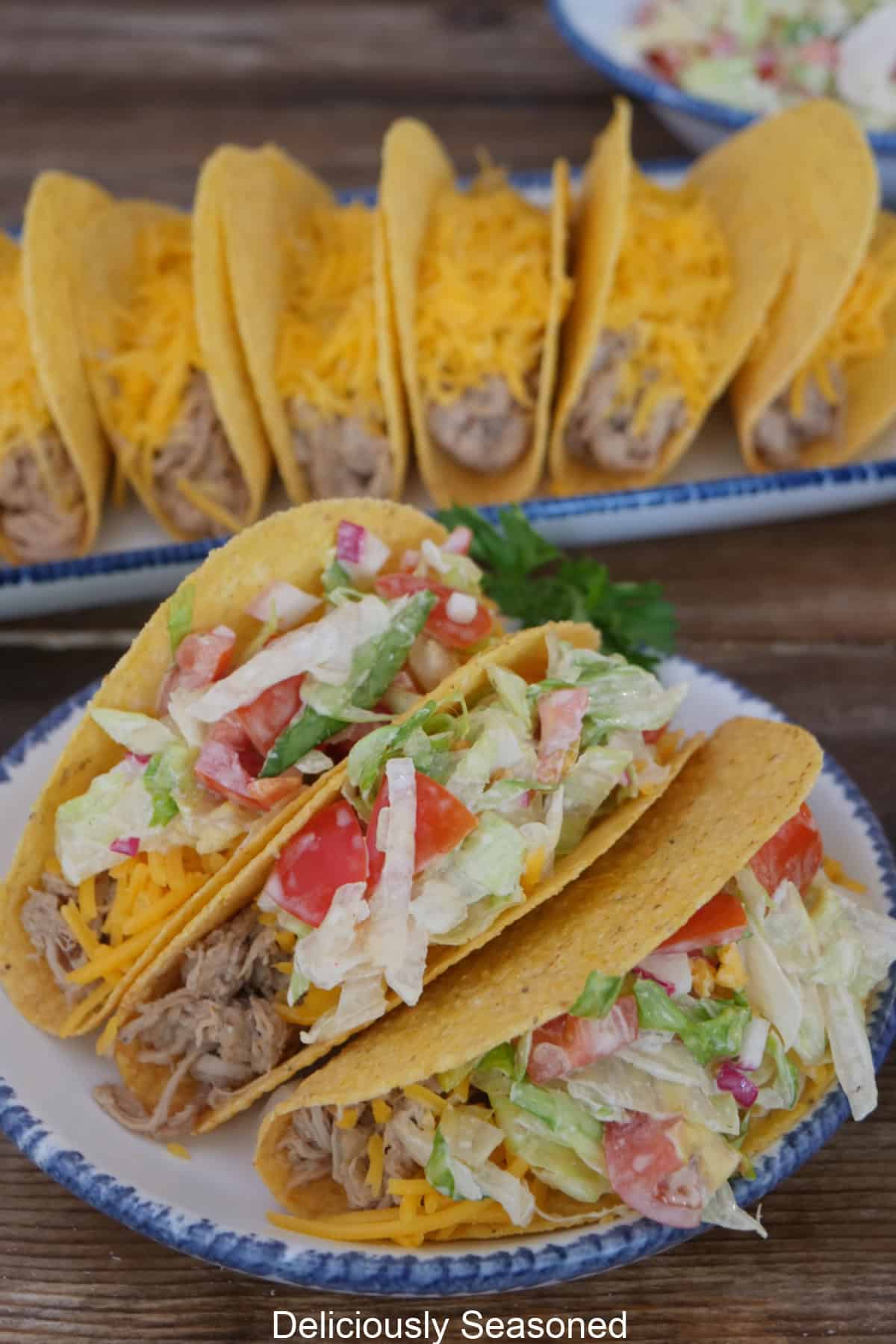 A white plate with three pork tacos on it with more tacos in the background.