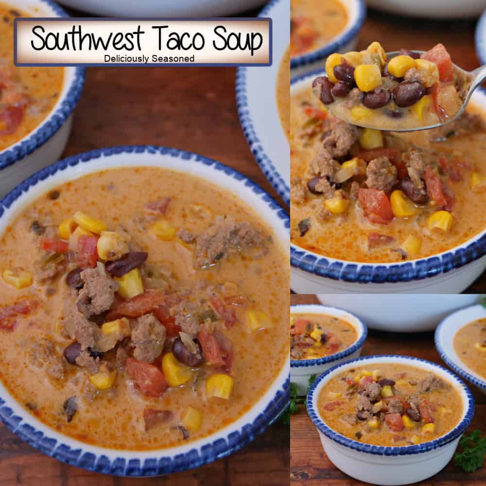 A three panel image collage of southwest taco soup in white bowls with blue trim, and a title overlay at the top.