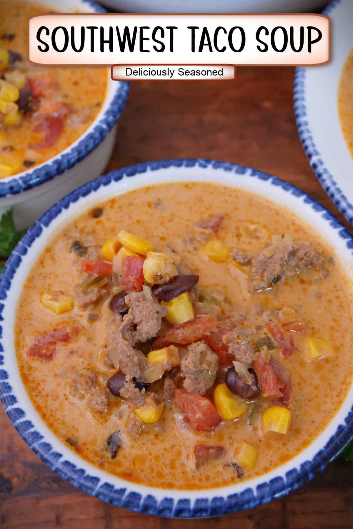 A white bowl with blue trim filled with Southwest taco soup, and a title overlay at the top.